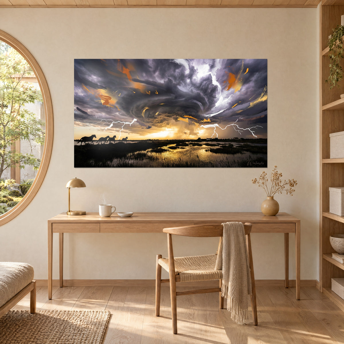 Obraz cumulonimbus pełen ochrowych pociągnięć pędzla, bursztynowa laguna i ciemne trzciny, nad biurkiem z jasnego dębu