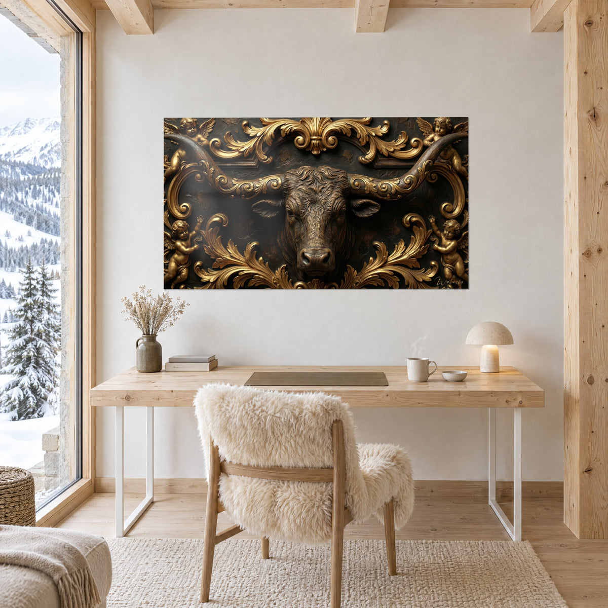 Wall art Baroque buffalo in relief, twisted gold horns and charcoal background, hung above a light wood desk and leather chair