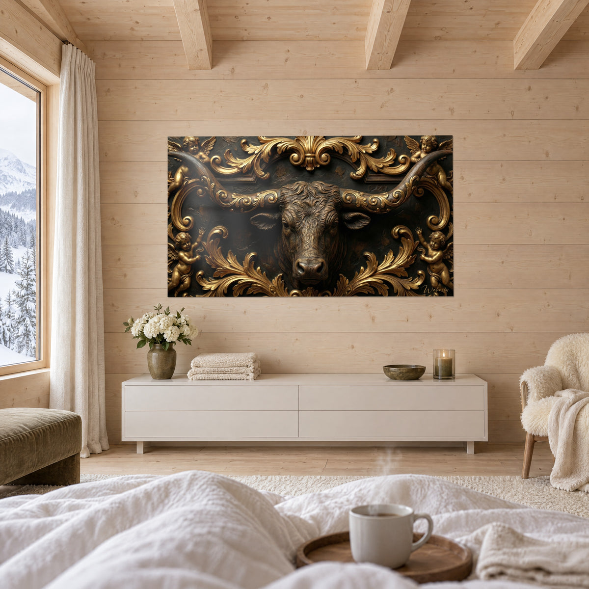 Wall art Bull muzzle in patinated bronze, gilded acanthus leaves and putti on a black background, above a bed in a bright bedroom