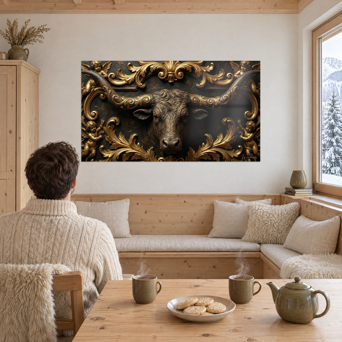 Wall art Bull figure adorned with gold scrollwork and small coppery angels on a dark brown background, man seen from behind near a glass window