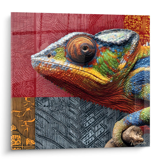 Kleurrijk kameleontabel op geometrische achtergrond - Reptielenfusie - caméléon editie