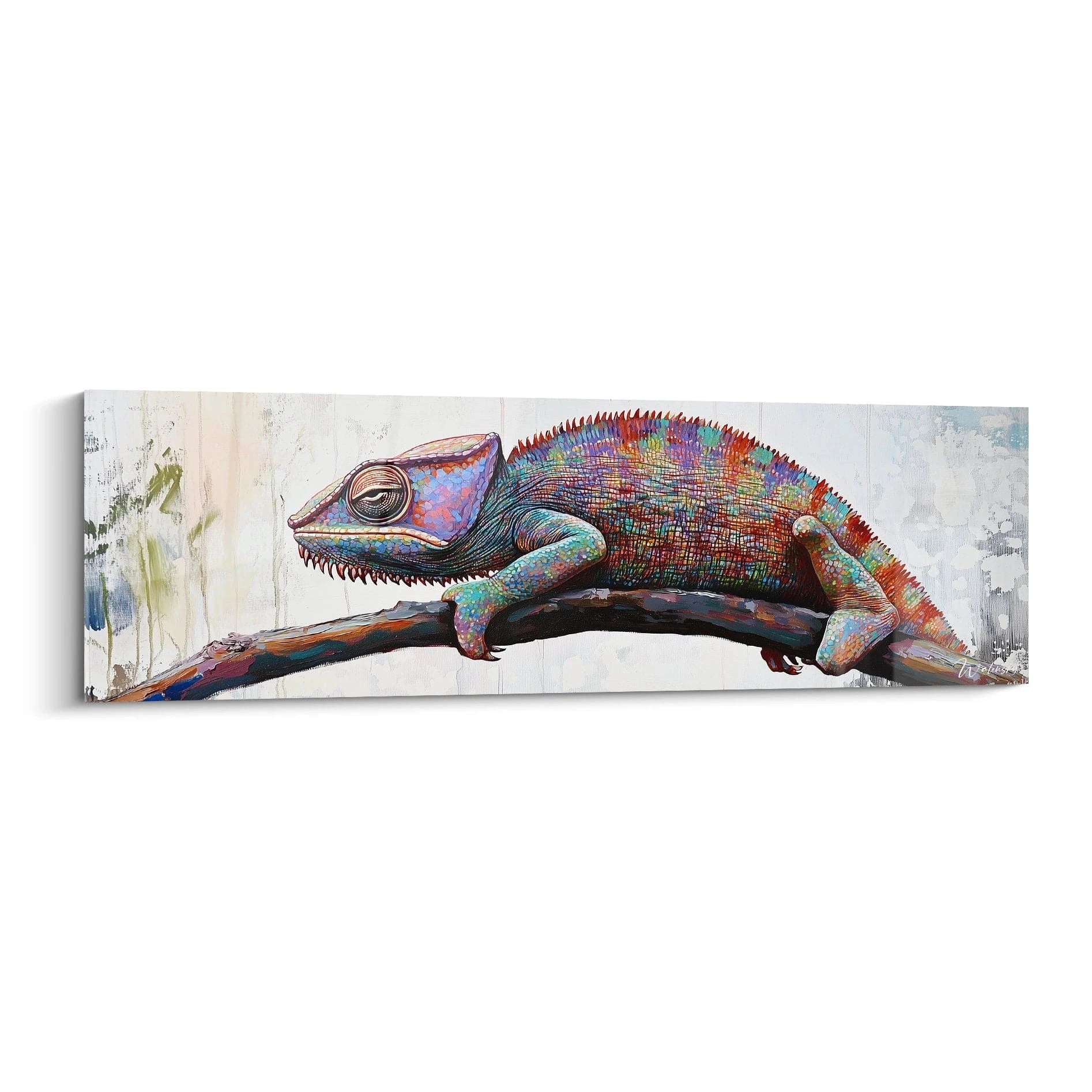 Tableau caméléon Walensky, œuvre colorée représentant un caméléon sur une branche