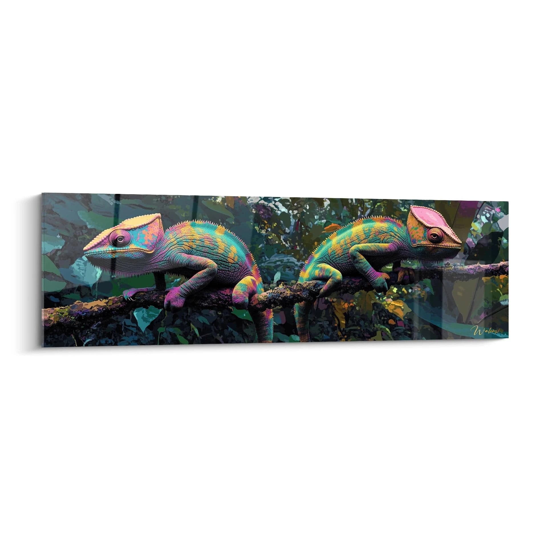 Tableau caméléon Walensky avec deux caméléons colorés sur une branche dans un environnement naturel