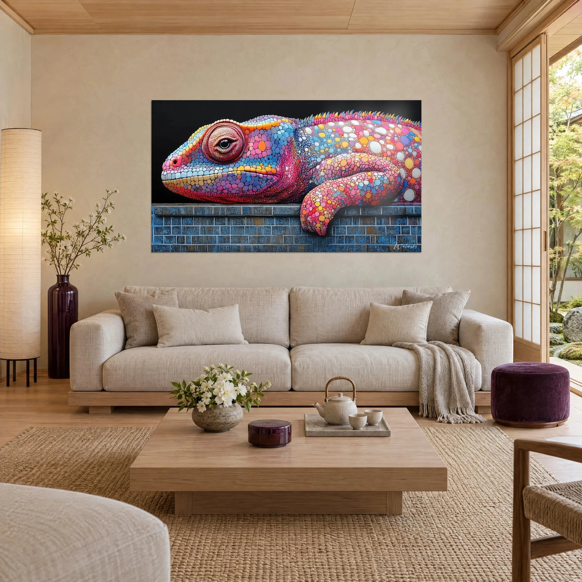 Tableau caméléon en mosaïque rose, bleue et orangée, œil rond cerclé de rouge, sur muret de briques bleues, au-dessus d'un canapé dans un salon lumineux