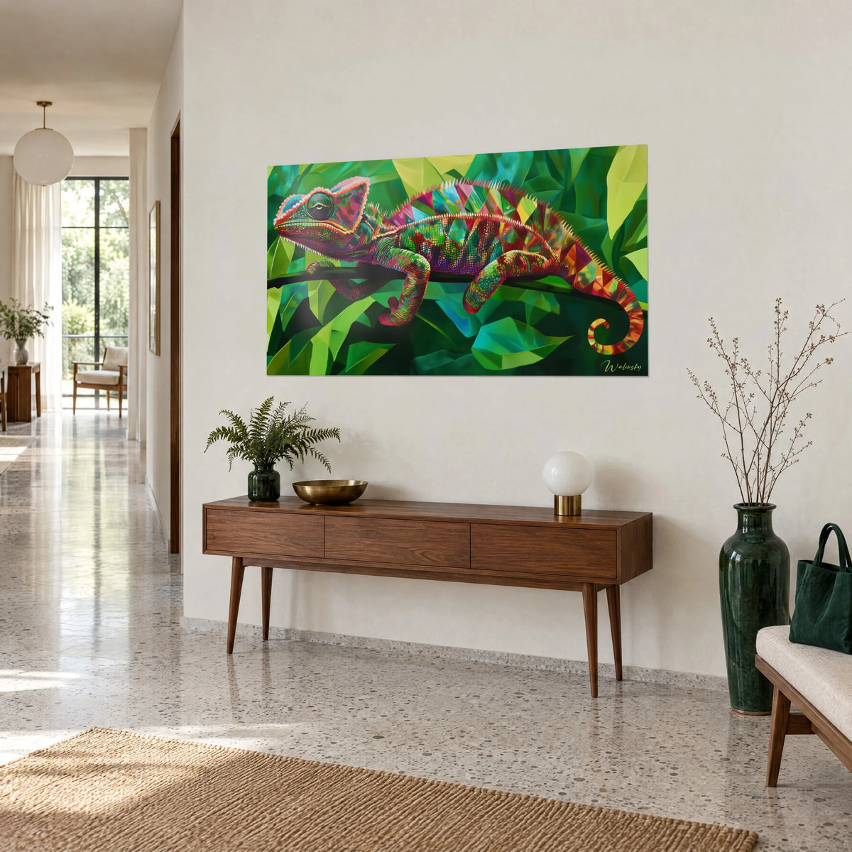 Cuadro de reptil arcoíris de cresta erizada, follaje verde anís y turquesa, vista de tres cuartos en el recibidor