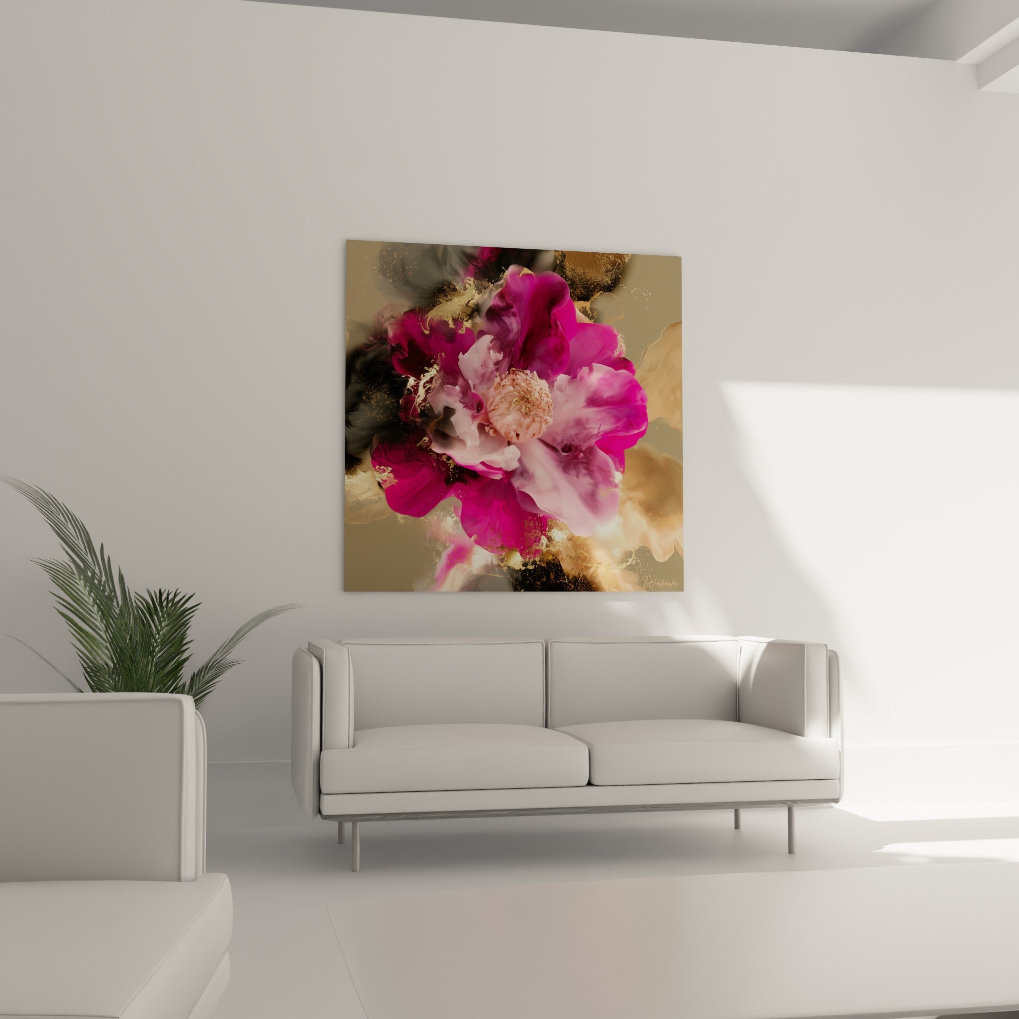Pétales camélia fuchsia et beige mêlés d'éclats dorés, au-dessus d'un canapé dans un salon lumineux.