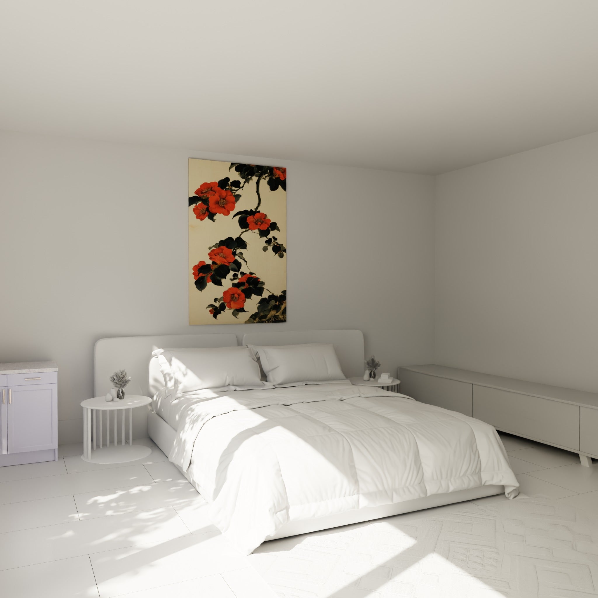 Branche de camélia rouge et noir anthracite illumine le mur au-dessus d'un lit dans une chambre claire.
