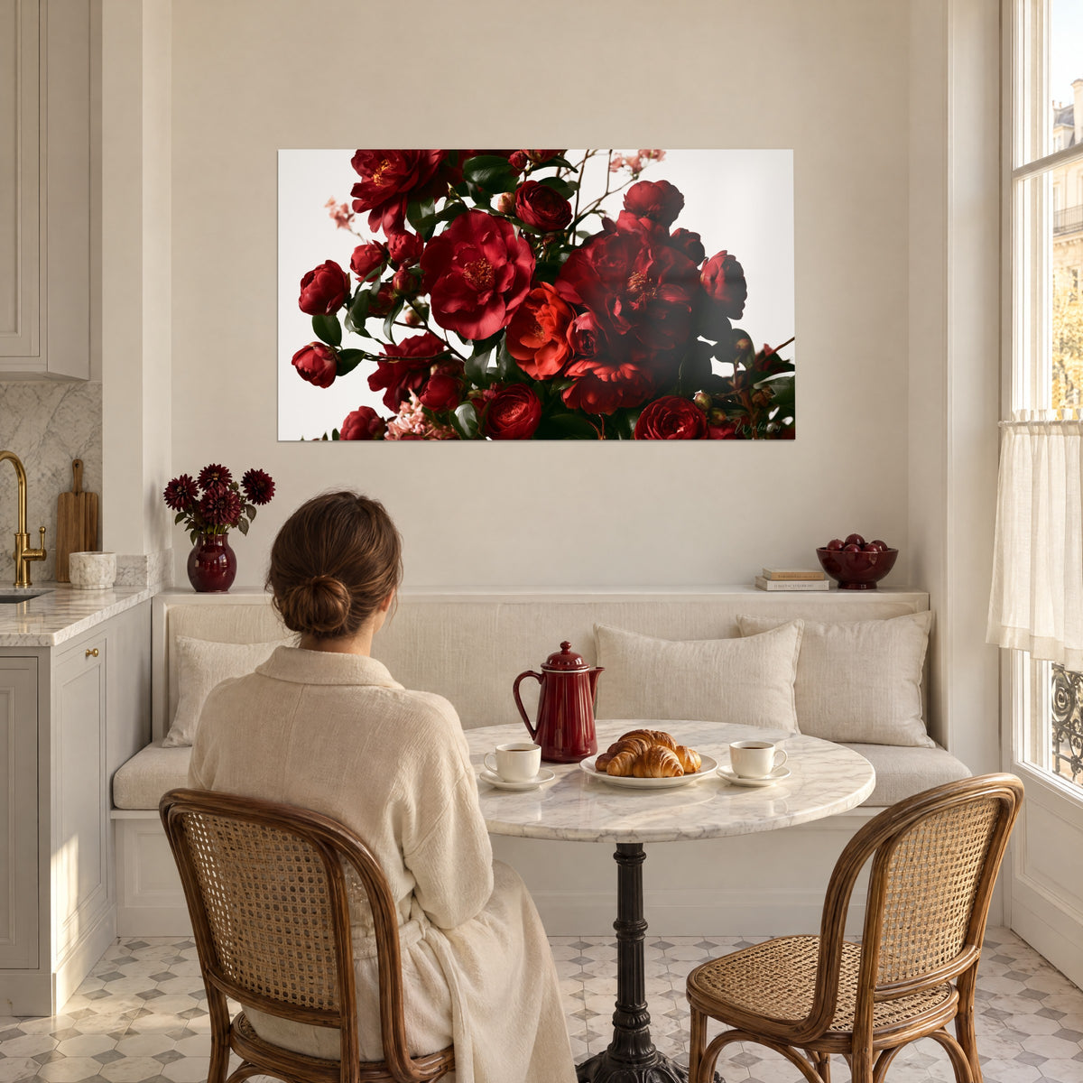 Cuadro ramo de camelias carmesí y hojas esmeralda sobre fondo blanco, mujer de espaldas en una mesa con cafetera roja, banqueta crema