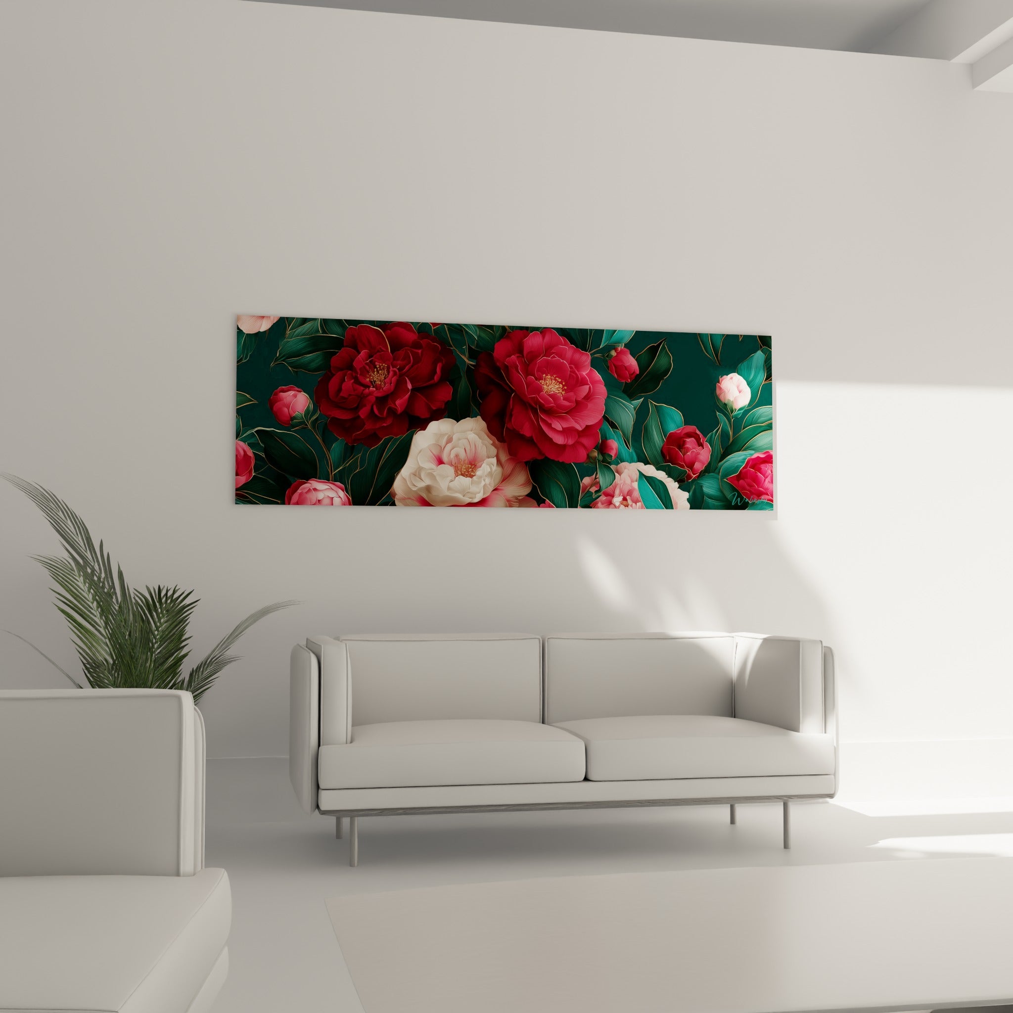 Camélias blancs et rouges sur fond vert sombre, au-dessus d'un canapé dans un salon lumineux