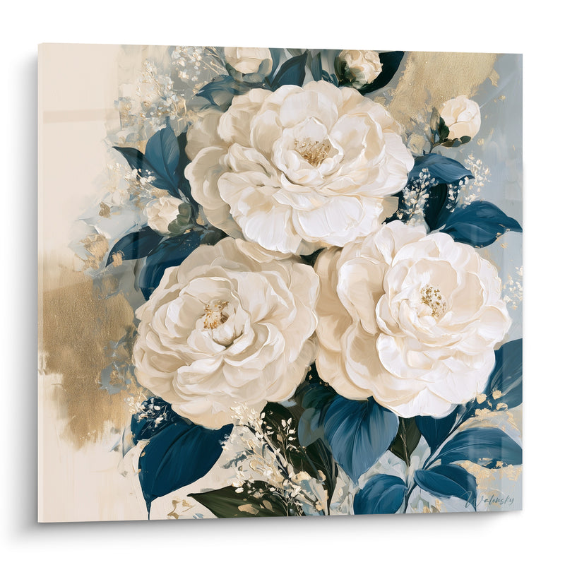 Tableau Camélias blancs aux feuilles bleu marine - Éveil du jardin - Edition Camélia