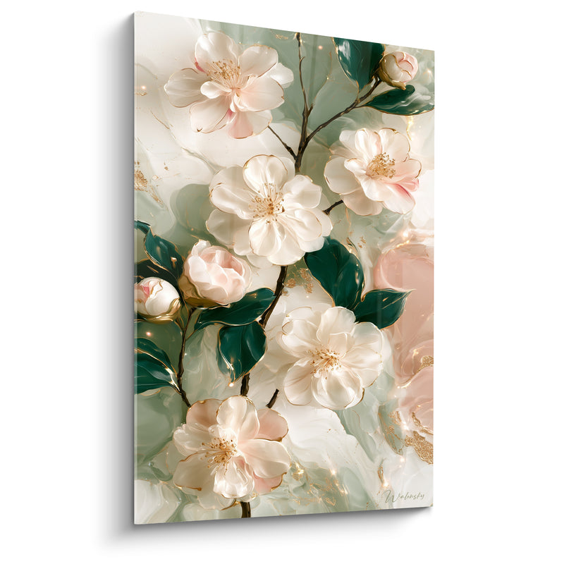 Tableau Camélias ivoire et roses aux liserés dorés - Fond marbré vert amande - Edition Camélia