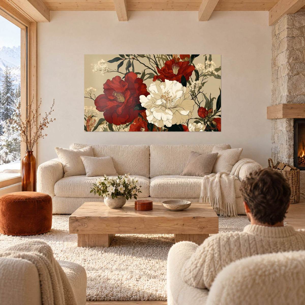 Wall art Crimson and cream camellias with golden stamens, beige background, above a sofa in a bright living room