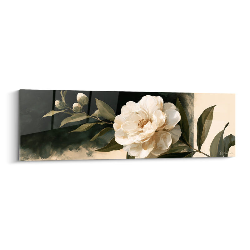 Tableau Camélia ivoire et vert près de boutons fermés - Fond noir et beige - Edition Camélia