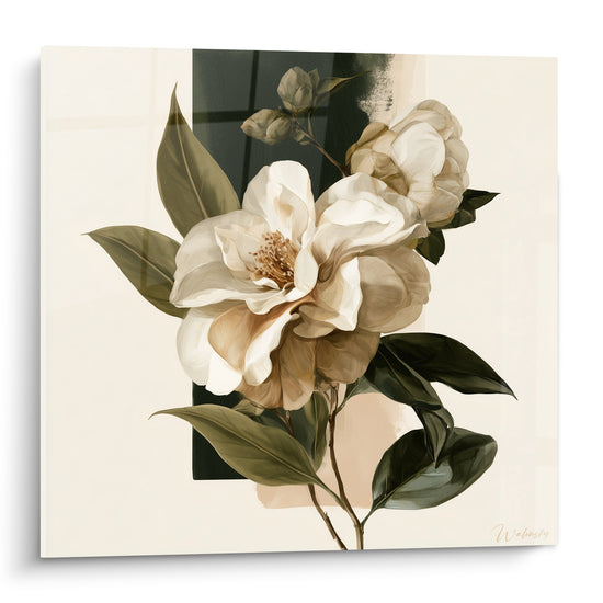 Cuadro Camelia marfil y beige sobre franja oscura - Bloque geométrico vertical - Edición Camelia