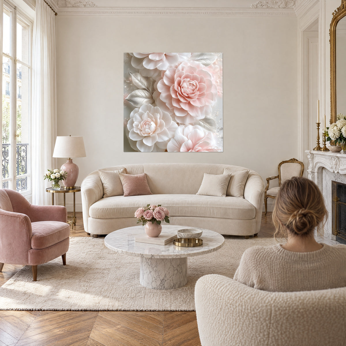 Tableau camélias rose poudré et blanc ivoire aux feuilles argentées, personne de dos, au-dessus d'un canapé dans un salon lumineux