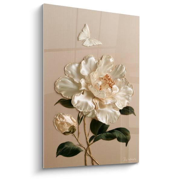 Quadri Camelia bianco e beige con farfalla avorio - Volo delicato - Edizione Camelia