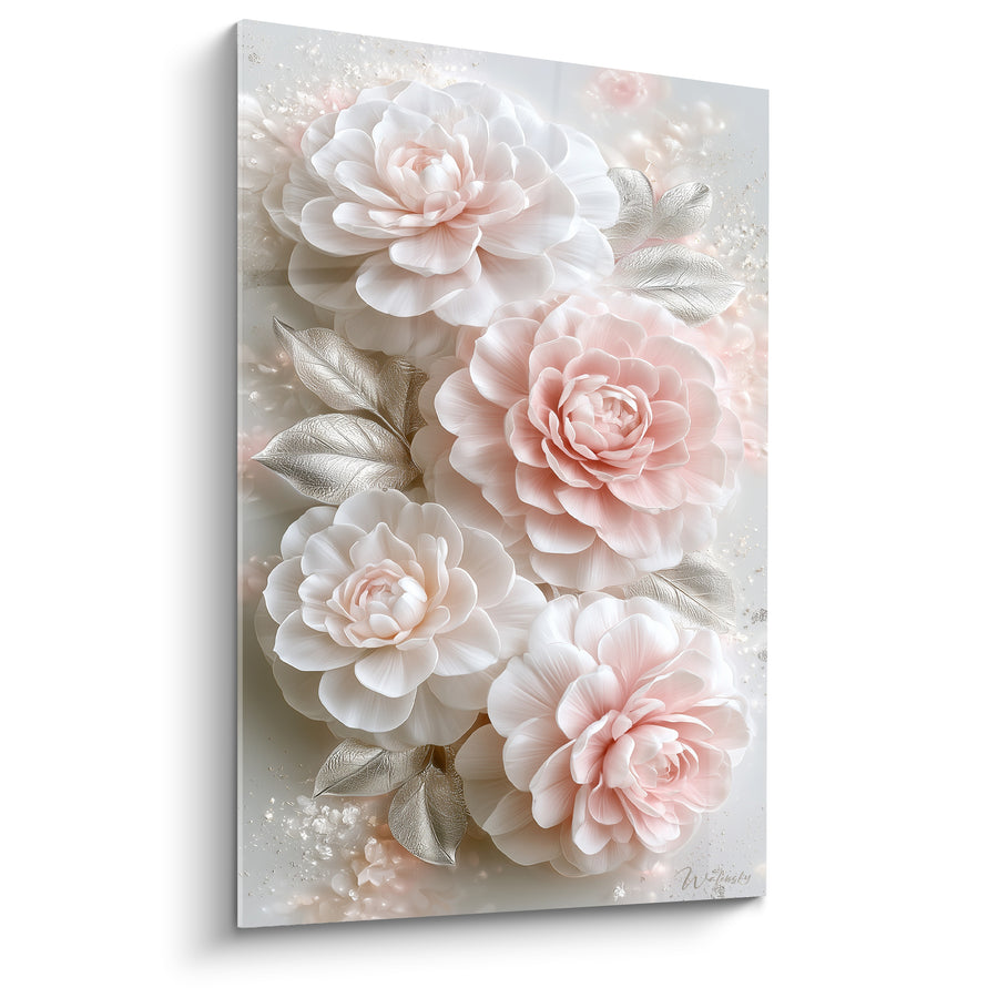 Tableau Camélias blancs et roses aux feuilles argentées - Douceur nuptiale - Edition Camélia
