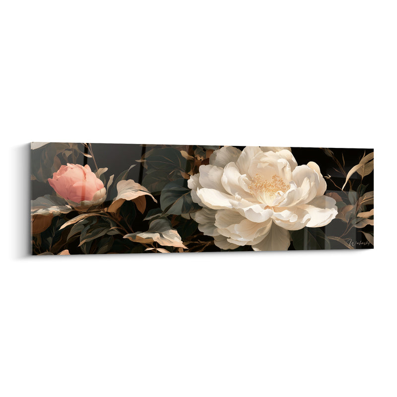 Tableau Camélia ivoire et rose près d'un bourgeon - Feuillage doré automnal - Edition Camélia