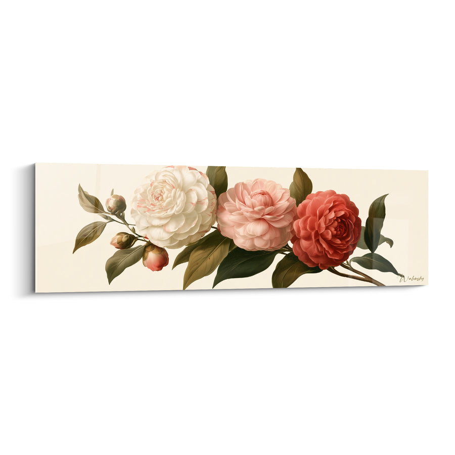 Tableau Camélias blancs et roses en trio horizontal - Rameau fleuri crème - Edition Camélia