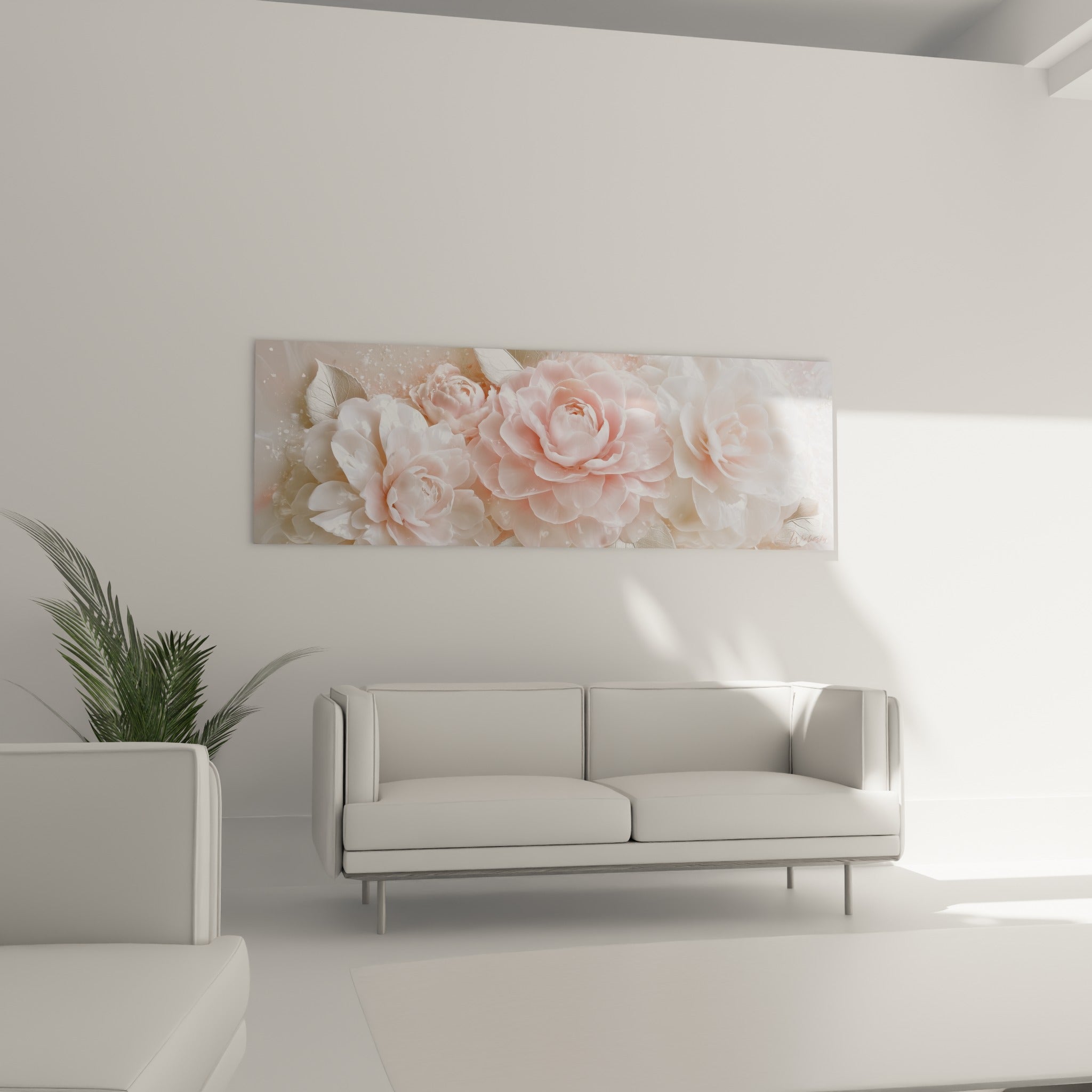 Camélias blancs et roses aux textures scintillantes, au-dessus d'un canapé dans un salon lumineux