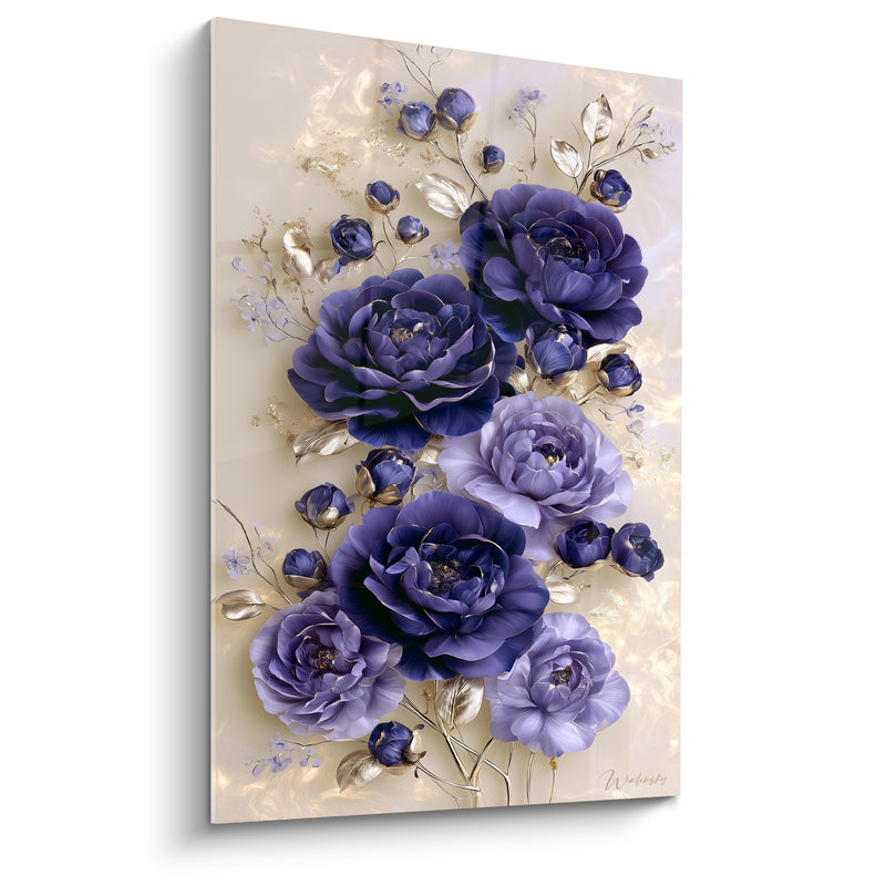 Tableau Camélias violet foncé et lavande sur fond ivoire - Feuilles argentées scintillantes - Edition Camélia