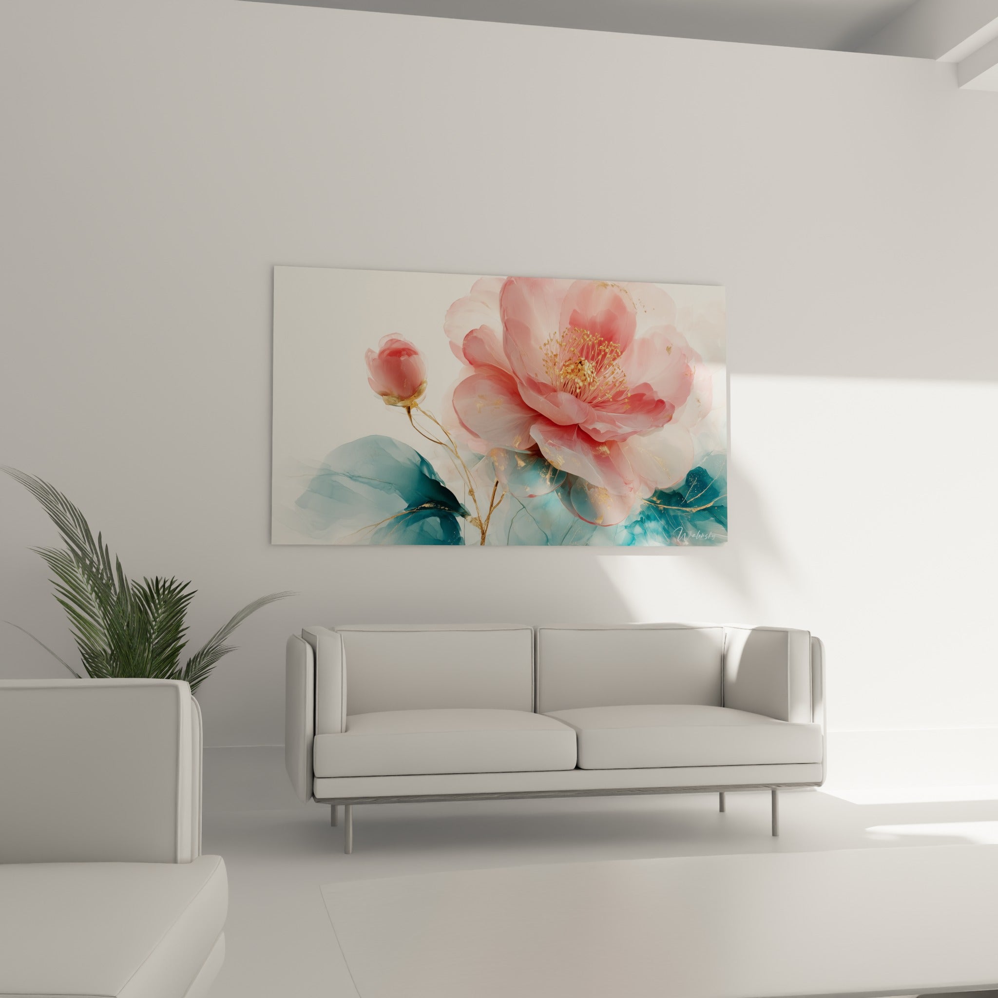 Pétales roses translucides et feuilles bleu sarcelle du camélia au-dessus d'un canapé dans un salon lumineux