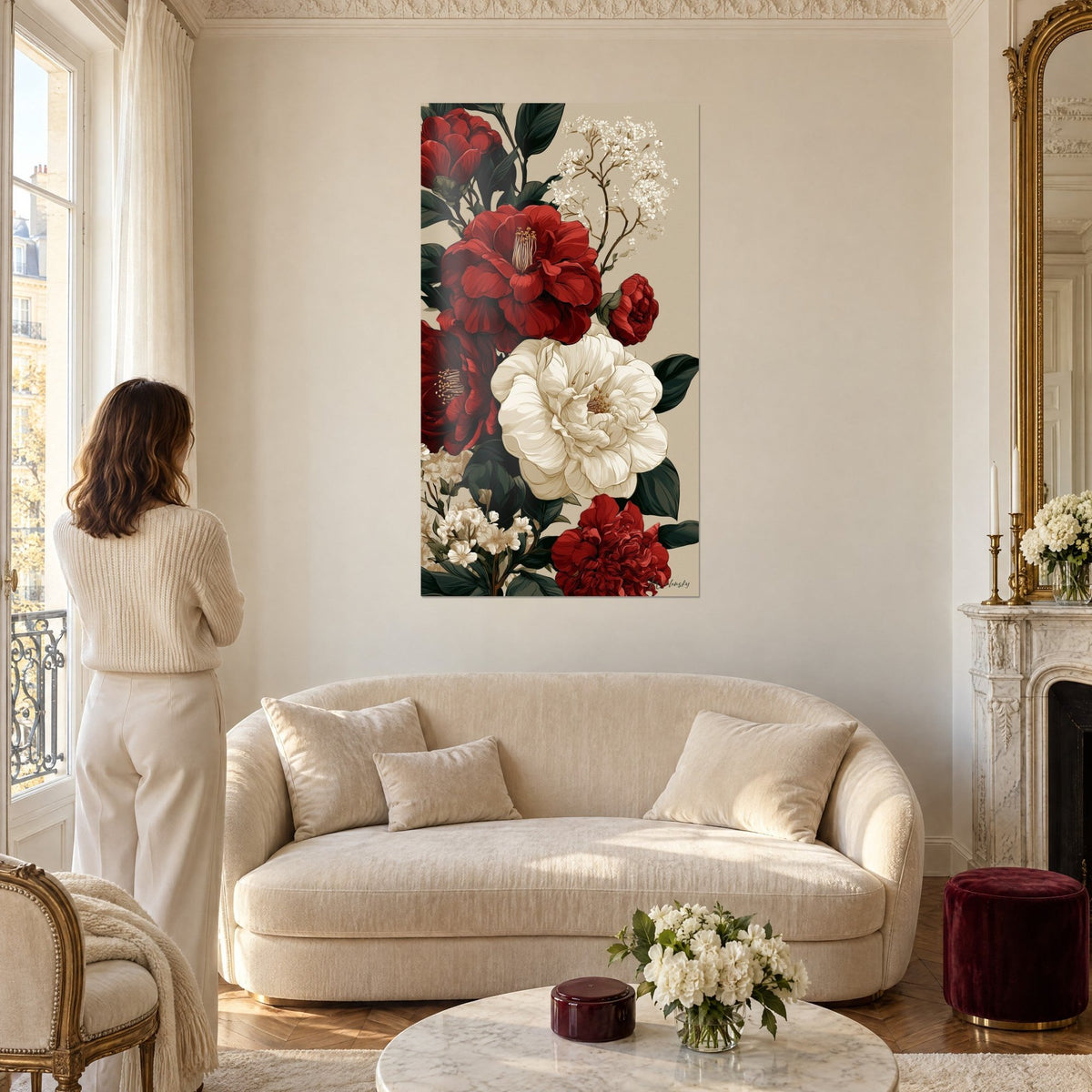Cuadro de camelias púrpura y peonías marfil en ramo sobre fondo beige, mujer de espaldas, encima de un sofá en un salón luminoso