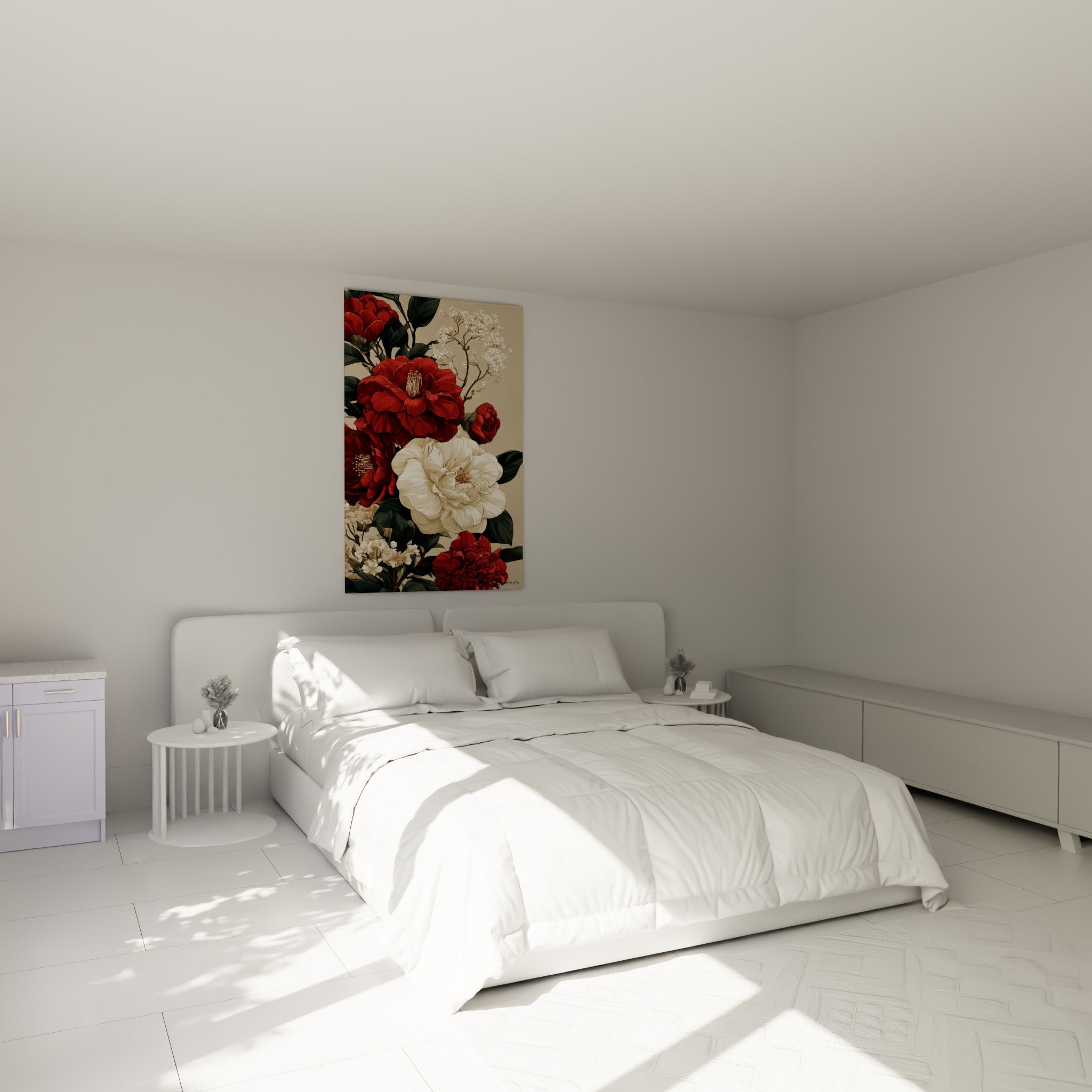 Camélias rouges et blancs aux pétales veloutés, accrochés au-dessus d'un lit dans une chambre claire