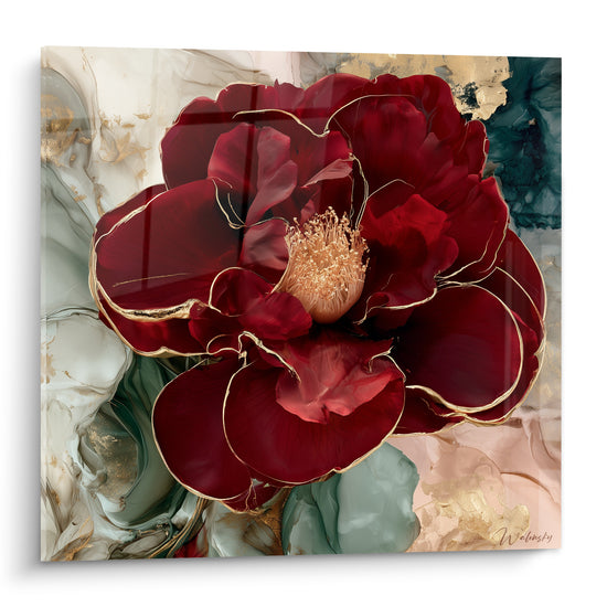 Cuadro Camelia burdeos y verde con bordes dorados - Estambres dorados brillantes - Edición Camelia