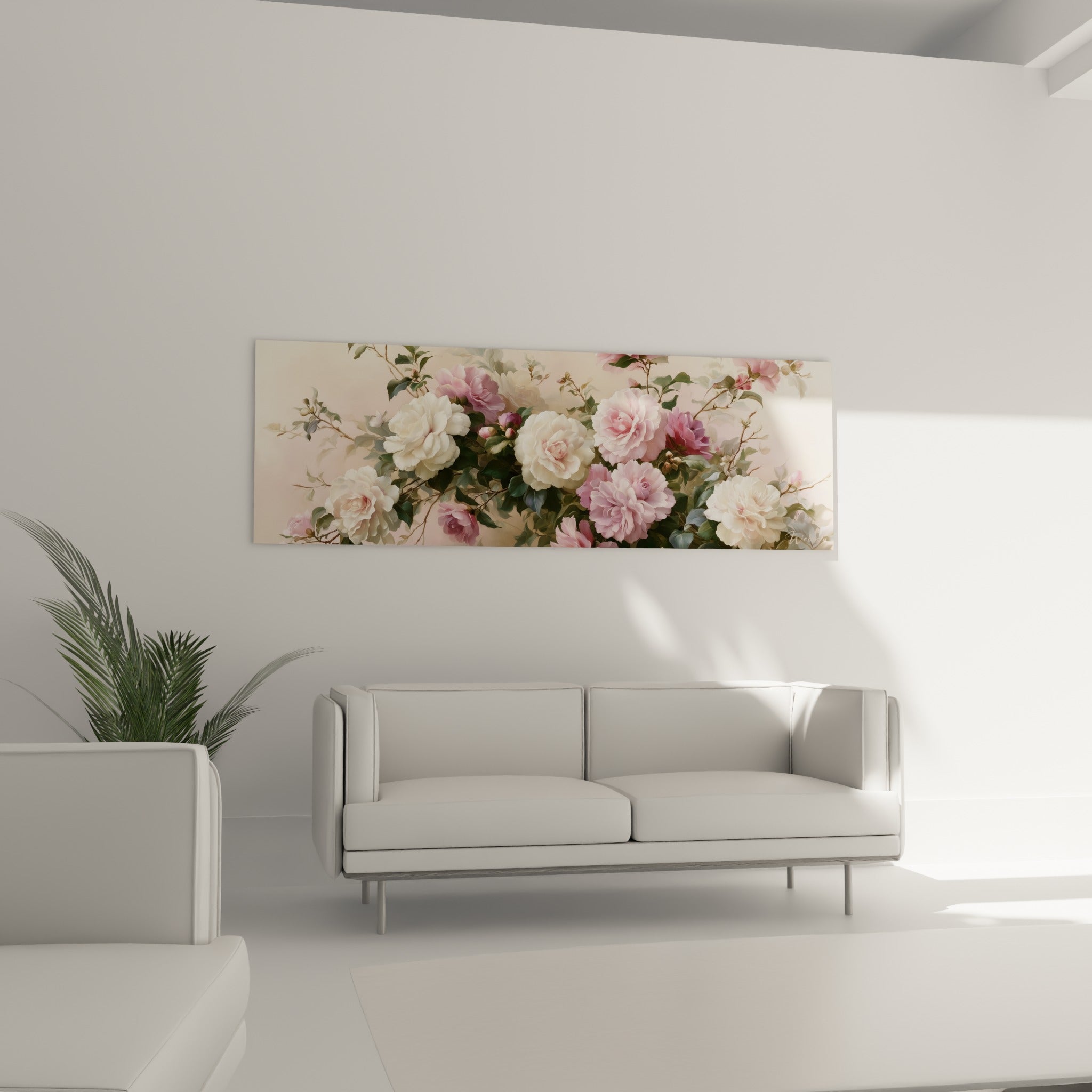 Bouquet de camélias mauves et blancs peint avec relief au-dessus d'un canapé dans un salon lumineux