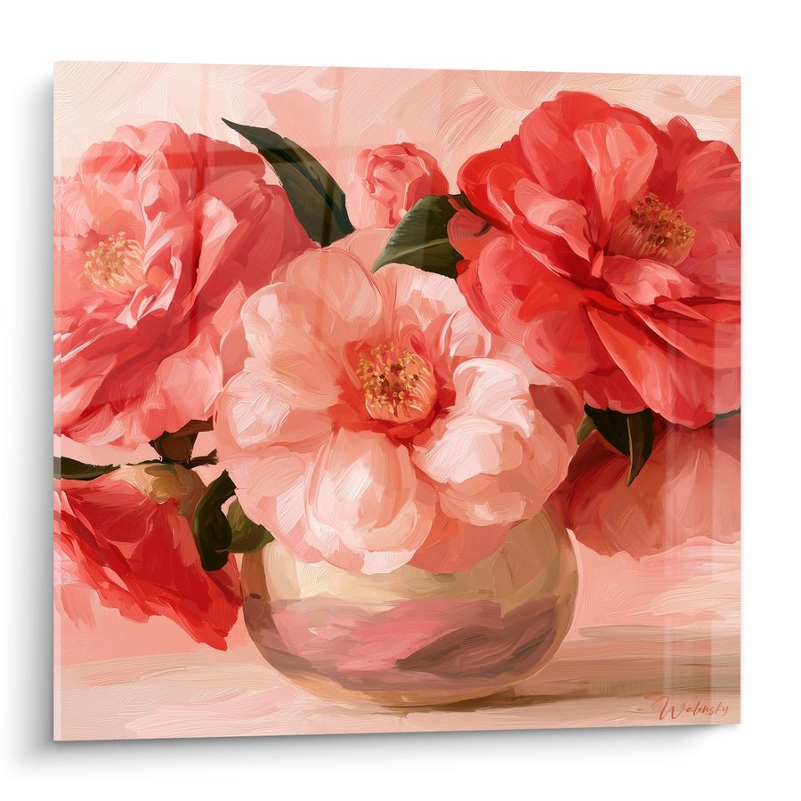 Tableau Camélias roses et rouges en vase - Éclosion printanière - Edition Camélia