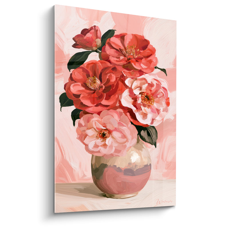 Tableau Vase doré rond aux camélias rouges et roses - Reflet lumineux sur la panse - Edition Camélia
