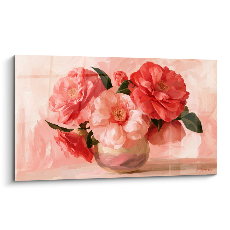 Tableau Bouquet rouge et rose dans un vase doré - Douceur printanière - Edition Camélia