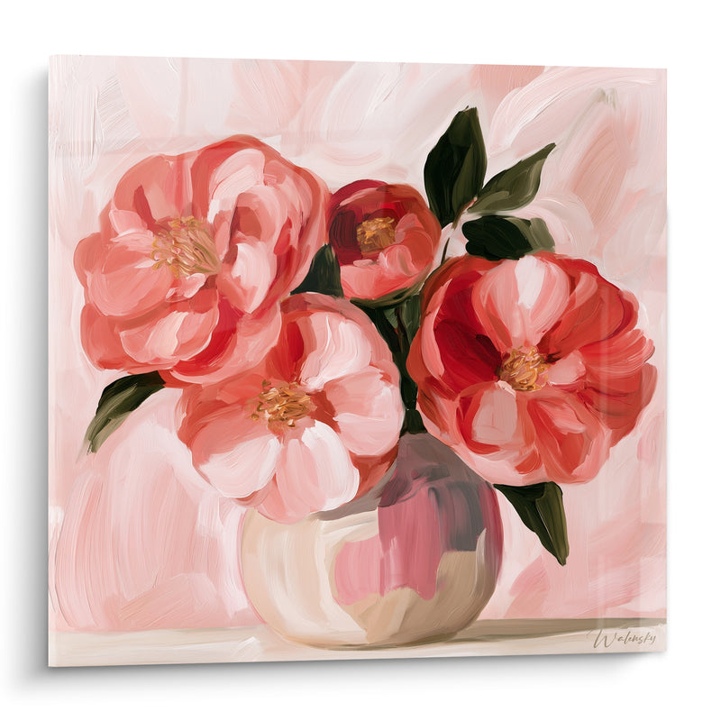 Tableau Camélias corail et rouges en vase rond - Fond rose vaporeux - Edition Camélia