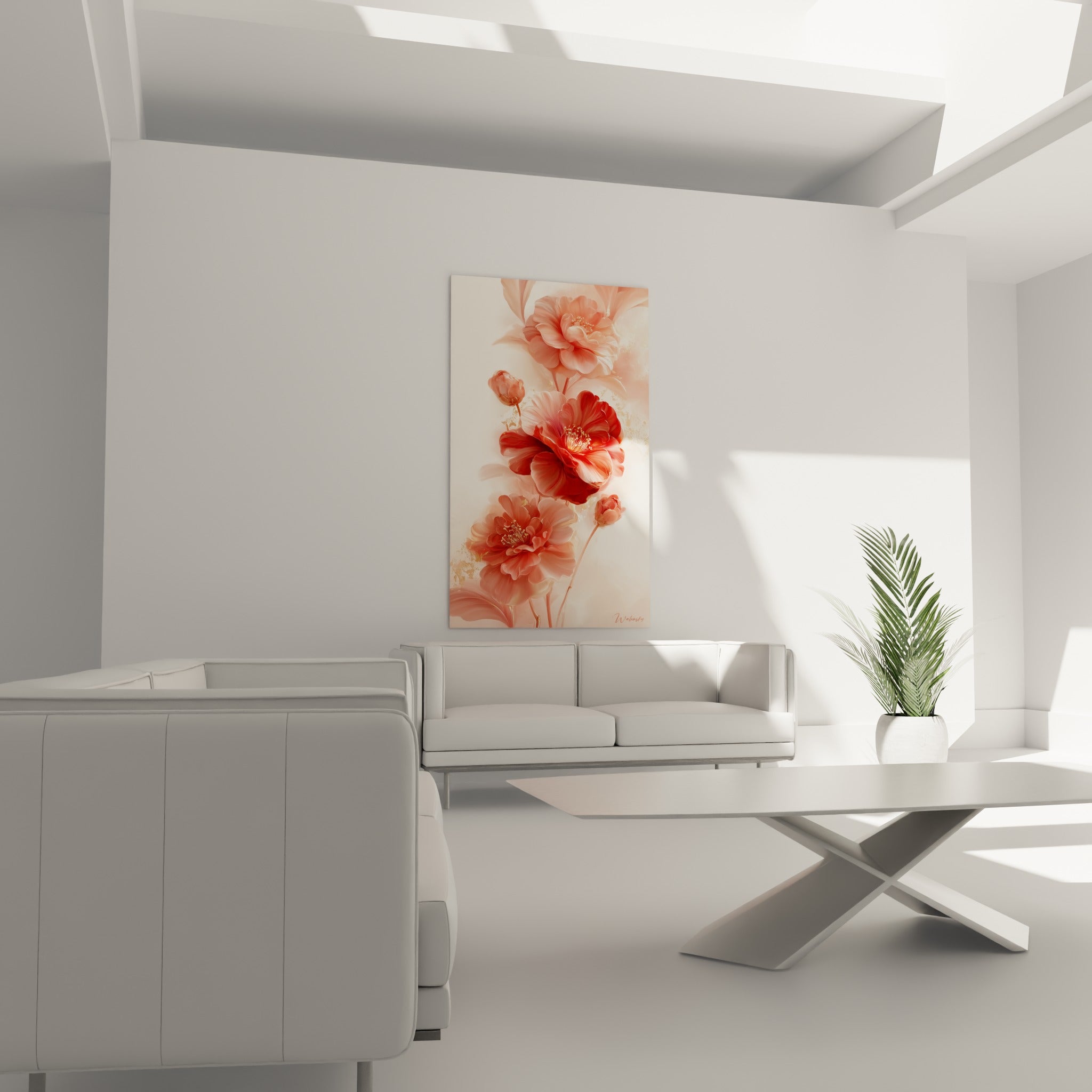 Fleurs de camélia rouge et rose poudré aux tiges fines placées au-dessus d'un canapé dans un salon lumineux