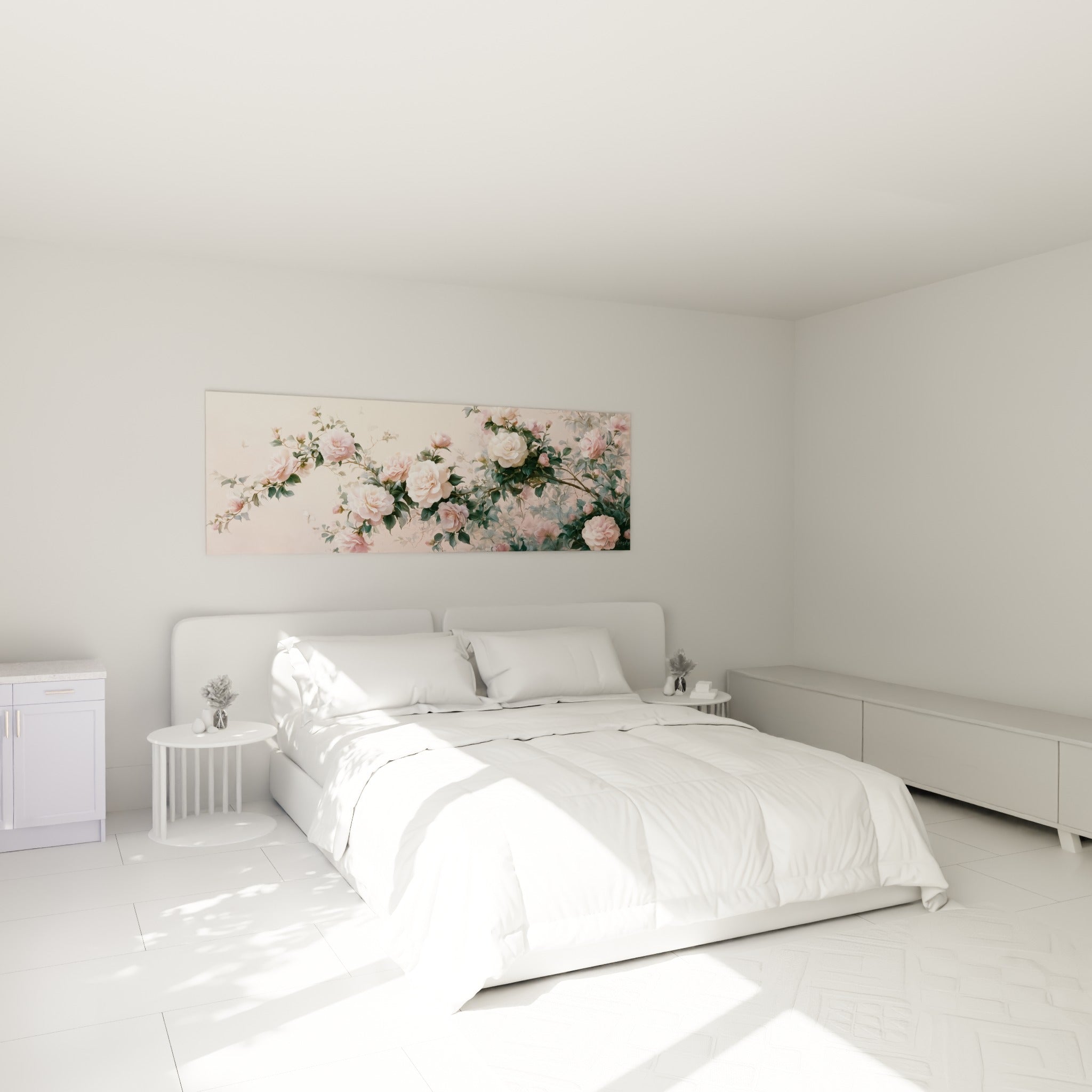 Branche de camélias roses et crème peints avec douceur, au-dessus d'un lit dans une chambre claire