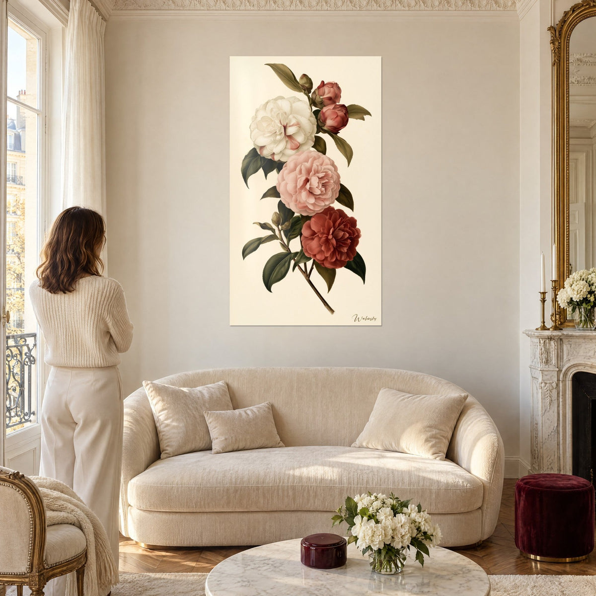 Tableau camélias blanc, rose et rouge sur une branche feuillue, fond crème, femme de dos, au-dessus d'un canapé dans un salon lumineux