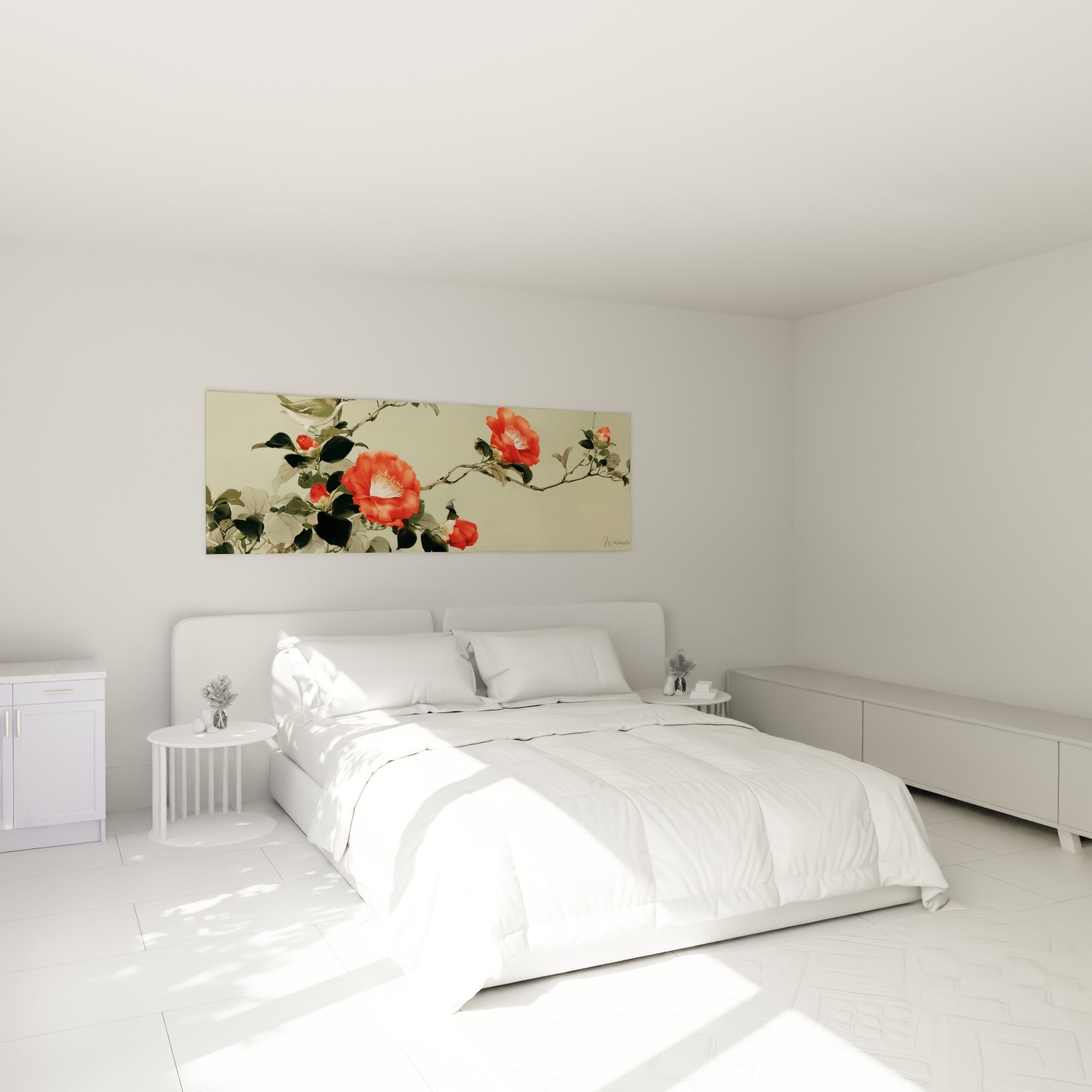 Branche de camélia rouge et vert amande déployée au-dessus d'un lit dans une chambre claire