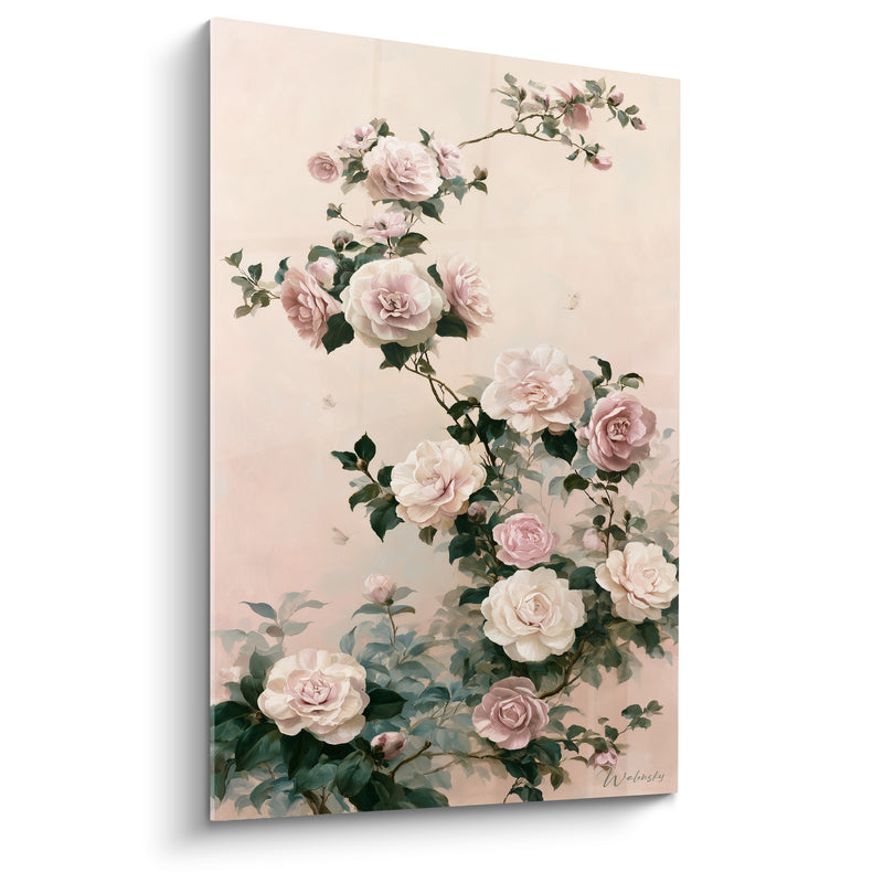 Tableau Camélias rose pâle et blancs sur branche sinueuse - Rameau fleuri ascendant - Edition Camélia