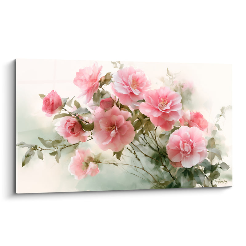 Tableau Camélias roses et verts sur branches vaporeuses - Grappe fleurie légère - Edition Camélia