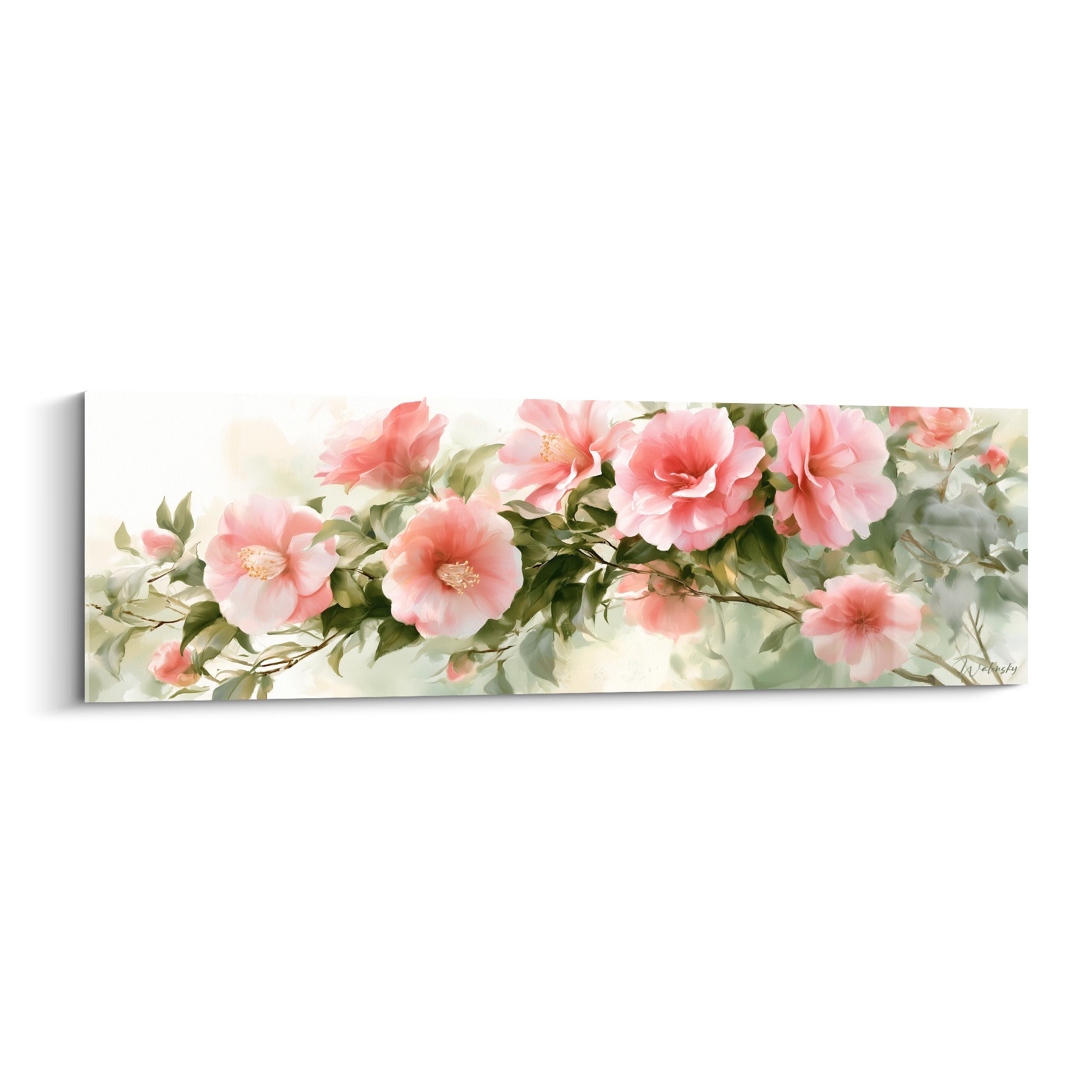 Branche de camélias roses et blancs, feuillage vert sauge, style aquarelle sur fond crème lumineux
