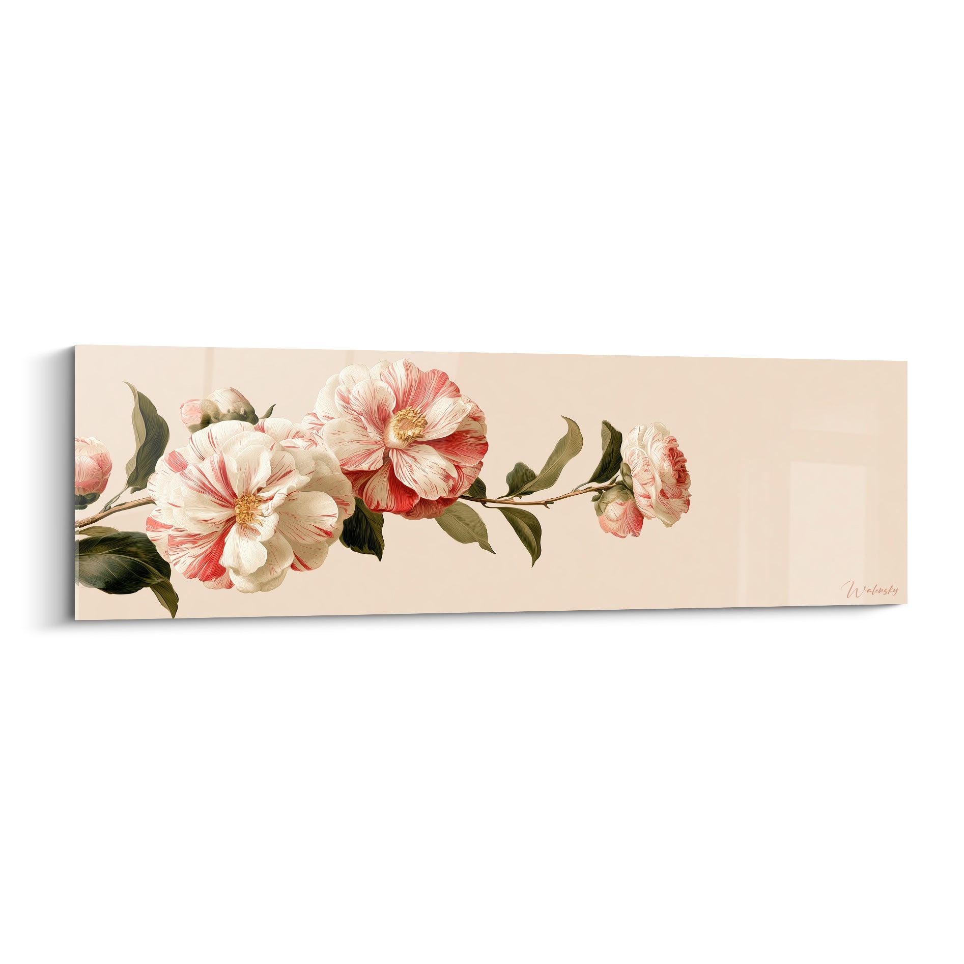 Camélias blancs et roses en fleur sur fond ivoire, branche fine, style pictural délicat