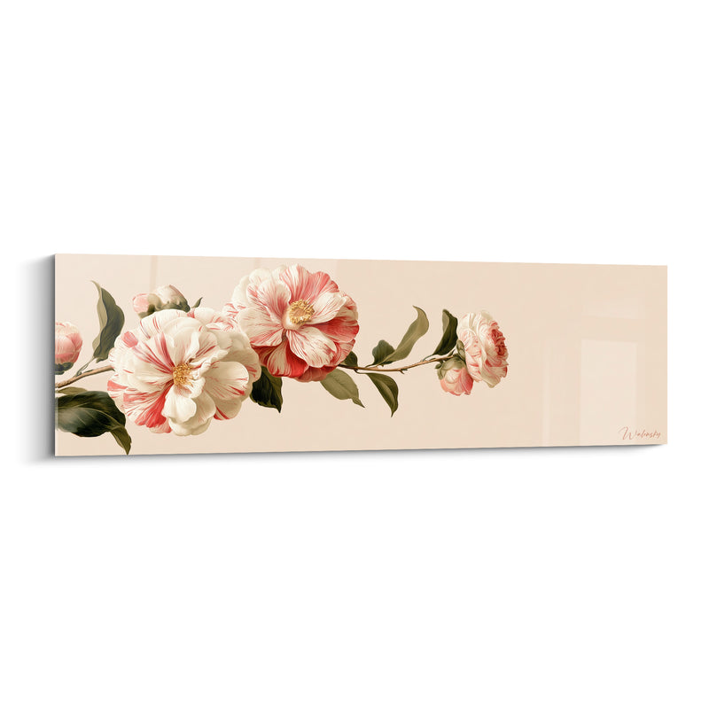 Tableau Camélias striés blanc et corail sur longue branche - Composition tout en longueur - Edition Camélia