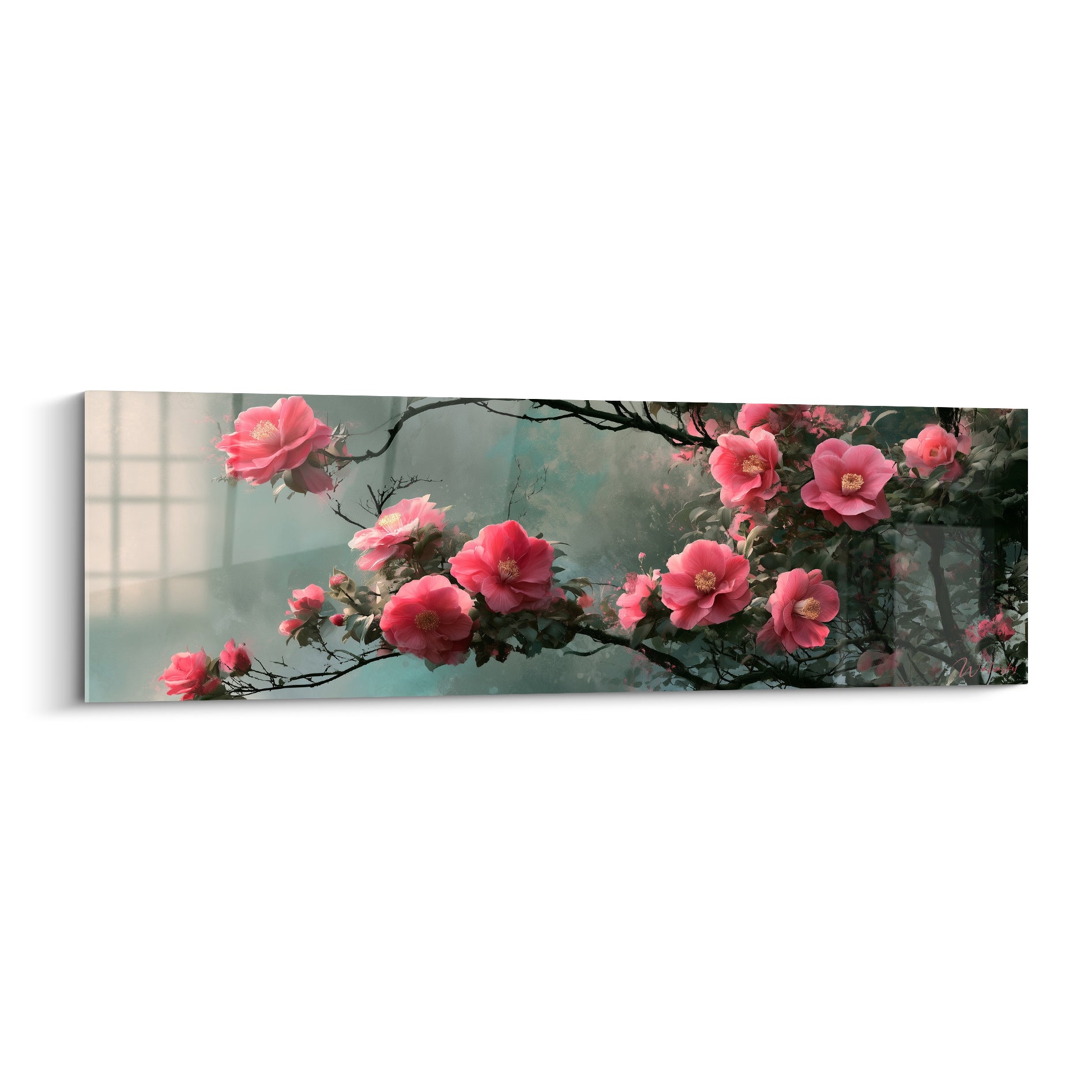 Camélias roses en fleur sur branche noueuse, fond vert sauge et anthracite brumeux