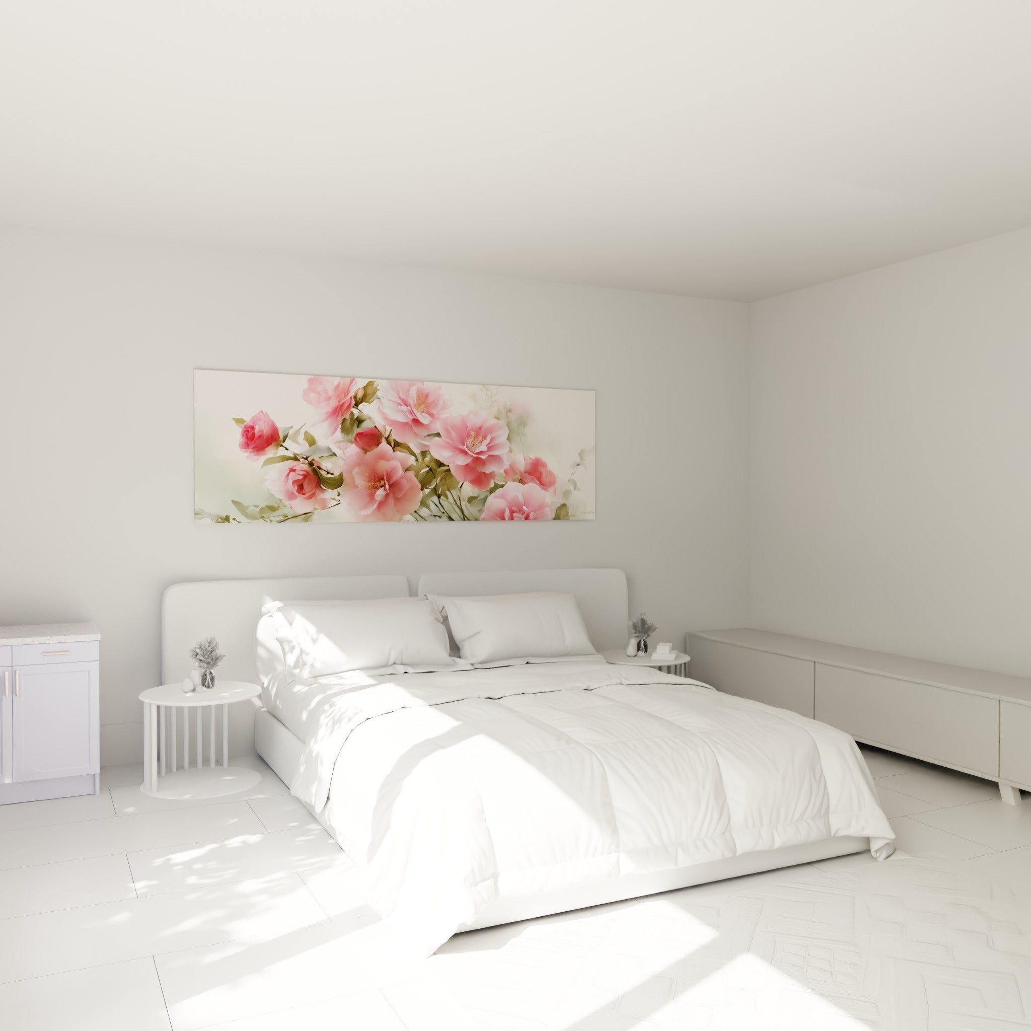 Bouquet de camélias roses et blancs, fond nacré, accroché au-dessus d'un lit dans une chambre claire