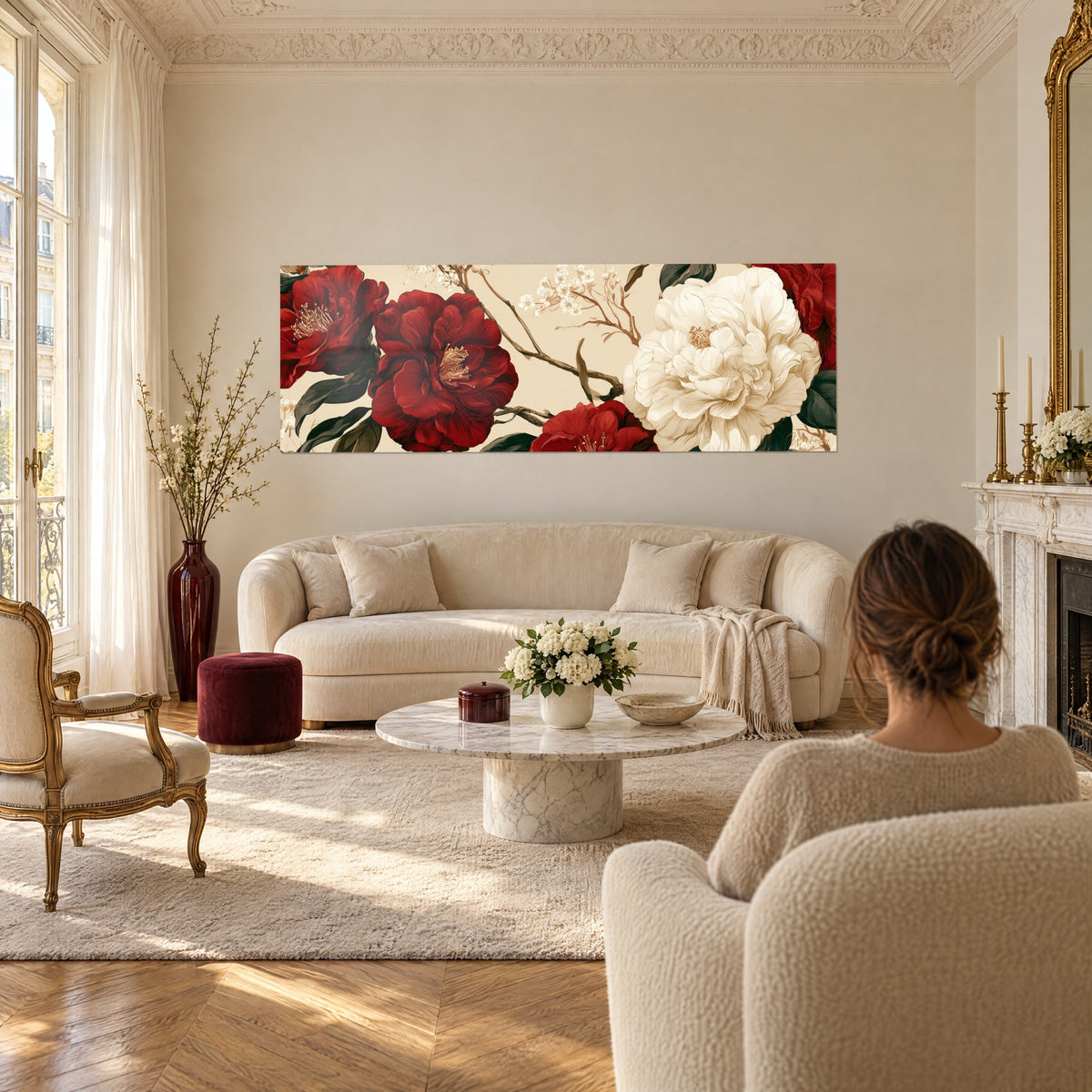Quadro con camelie bordeaux in fiore accanto a una peonia avorio, rami sottili, sopra un divano in un soggiorno luminoso