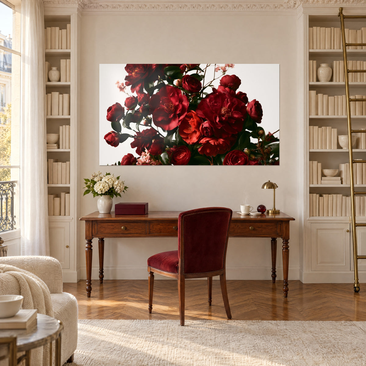 Cuadro grandes flores rojo vivo con corazones amarillo azafrán y follaje oscuro, sobre un escritorio de madera entre dos estanterías