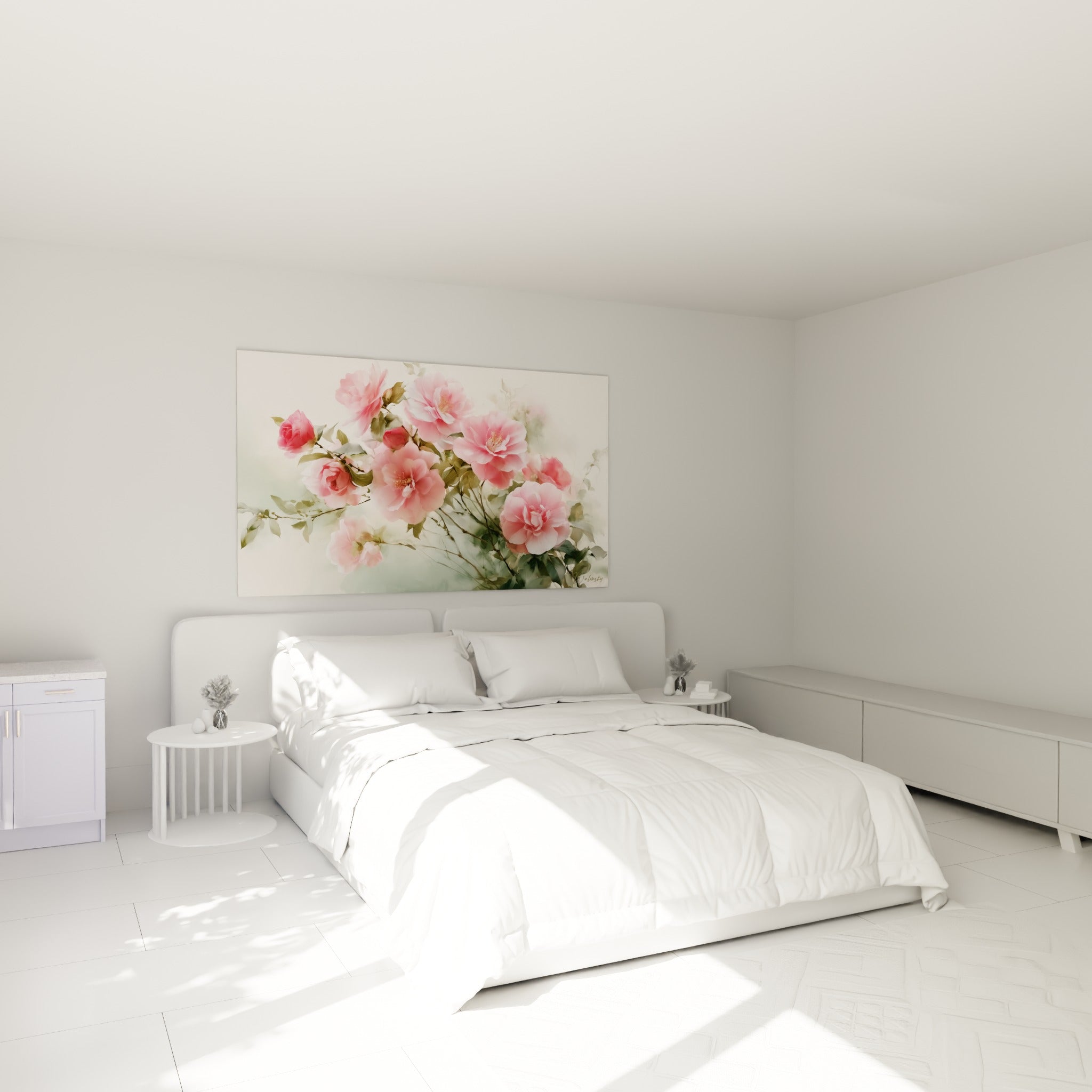 Branche de camélias roses et blancs, feuillage vert sauge, accrochée au-dessus d'un lit dans une chambre claire