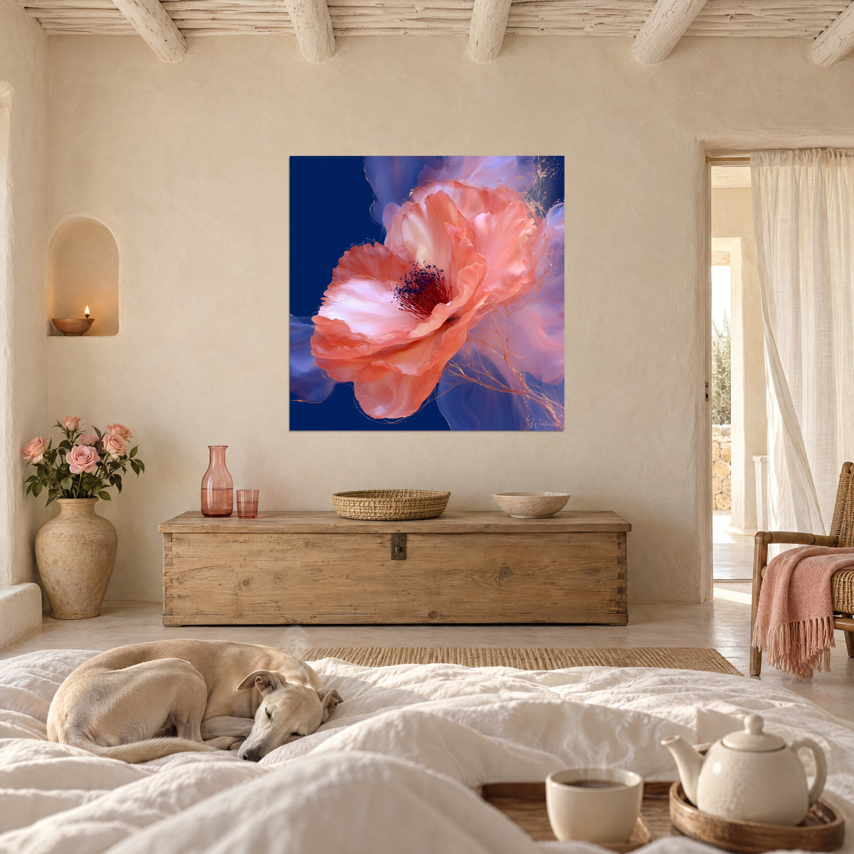 Wall art large salmon-pink bloom with purple swirls on navy blue background, hung above a bed in a light bedroom