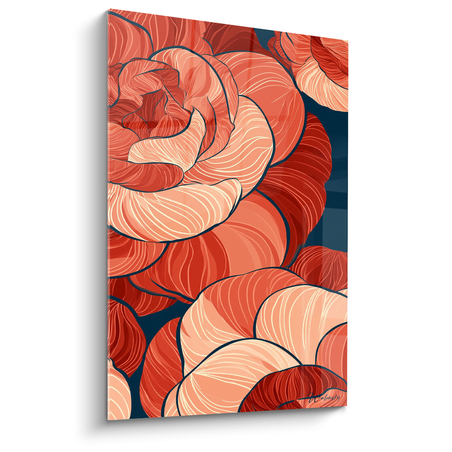 Tableau Camélias rouge corail et bleu marine - Éclosion en cascade - Edition Camélia